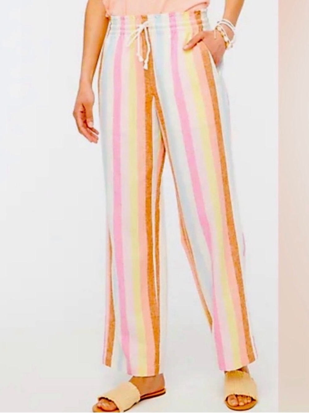 J. Crew LINEN blend Pastel Multi-Striped Wide-Leg Drawstring Pants